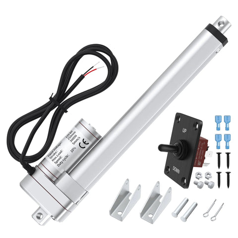 Angled front view of a 12V aluminum 10-inch stroke linear actuator with controller and mounting brackets (3000N).