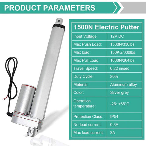Heavy Duty 12V Linear Actuator With 12 Inch Stroke IP54 Waterproof 330 Lbs Thrust shown with specifications chart