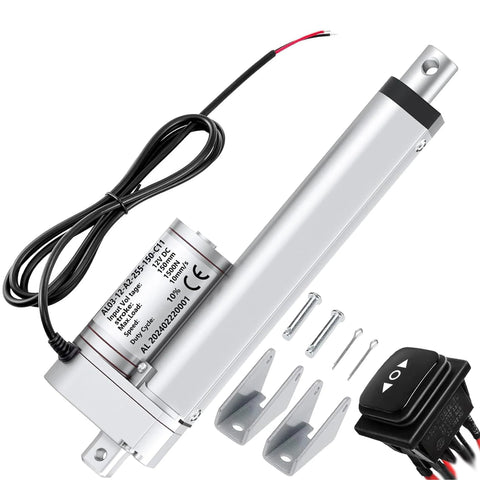 AWINLI 12V linear actuator with silver metal body, 1500N, 6-inch stroke, IP54, with switch and mounting brackets.