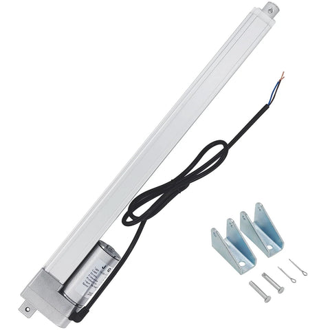 JQDML 16-inch 12V linear actuator with mounting brackets; silver aluminum body, hardware included.