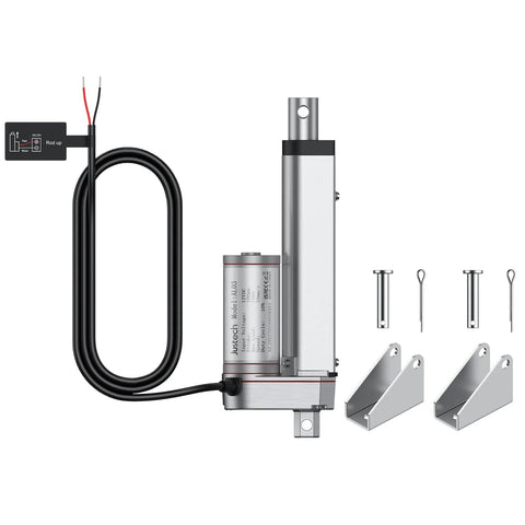 Justech 12V linear actuator with mounting brackets; silver actuator, black power cable, plus brackets and pins