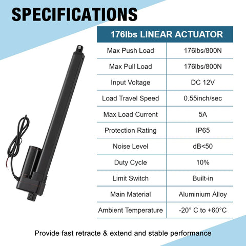JQDML 12V linear actuator with mounting bracket, black aluminium alloy body, 176lbs/800N