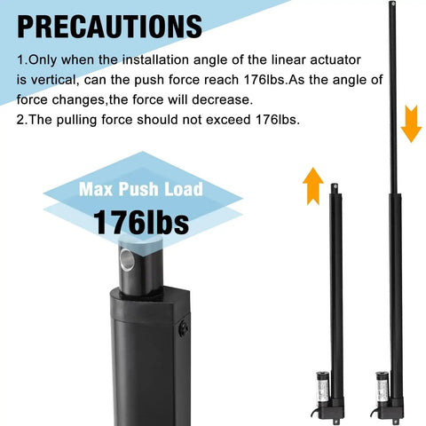 Image of Heavy Duty 12V Linear Actuator With 8 Inch Stroke 176 Lbs Load 0.78 Inch Per Second Speed IP65 Rated, showing precautions.