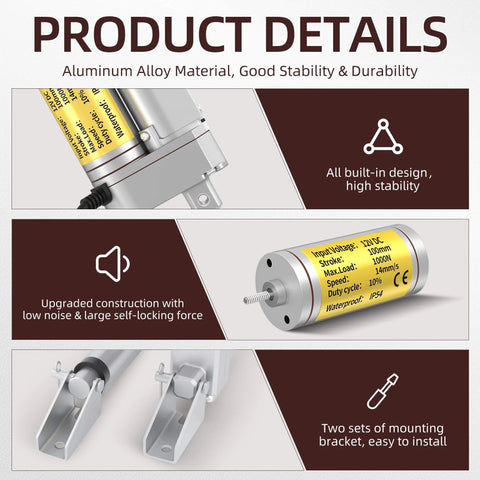 Product details of 12V Linear Actuator, 4" Actuator 14 mm/s High Speed Linear Actuator Waterproof 1000N/220lbs Stroke, with reverse polarity switch controller and aluminum alloy construction.