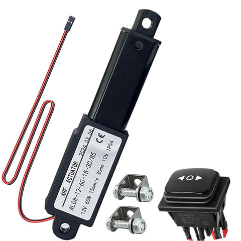 URANT mini 12V electric linear actuator with 60N, 15mm/s, waterproof switch, mounting bracket and screws.