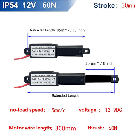 URANT Mini 12V black linear actuator, 30mm stroke, 60N thrust, 15mm/s, IP54 waterproof with red lead (front/side view)