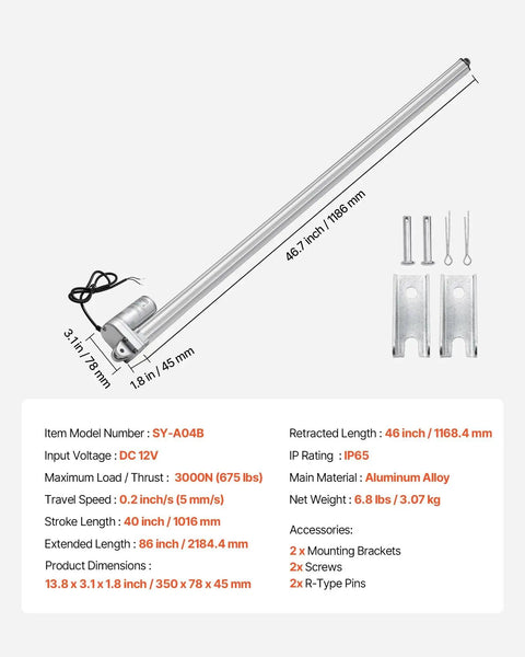 All Weather Heavy Duty 12V Linear Actuator With Mounting Bracket VEVOR 40 Inch Stroke IP65 Waterproof shown with dimensions.