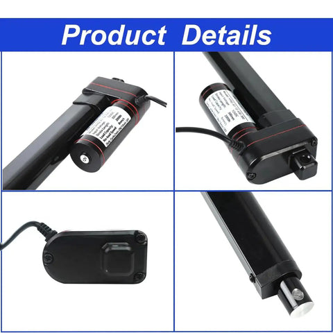 Heavy Duty 12V Electric Linear Actuator With 4 Inch Stroke And 440Lbs Capacity IP65 Waterproof showing product details and components
