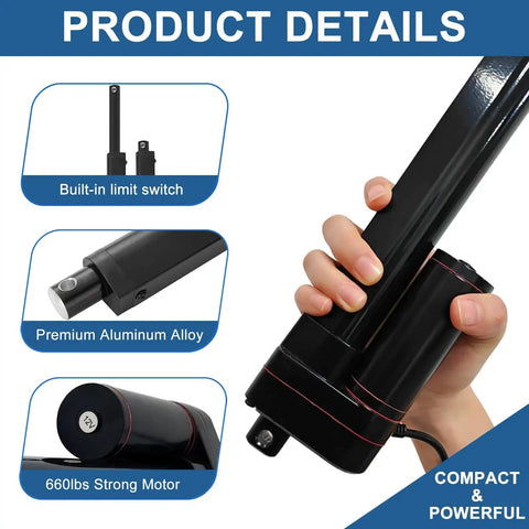 Person holding powerful 12V DC linear actuator with a 4 inch stroke and 660 lb thrust, highlighting features and components.
