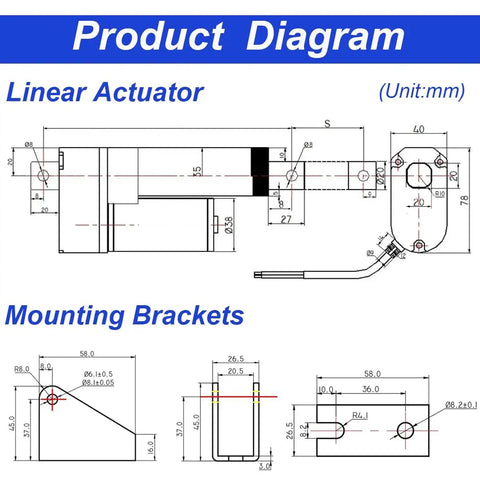 Diagram of Heavy Duty 12V Electric Linear Actuator with 4 Inch Stroke and 440Lbs Capacity IP65 Waterproof, including mounting brackets.