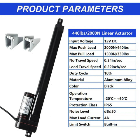 Product parameters for Heavy Duty 12V Electric Linear Actuator With 4 Inch Stroke And 440Lbs Capacity IP65 Waterproof.