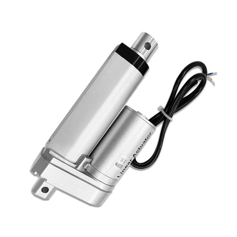 Aflle Racing electric linear actuator, 2-inch stroke, 12V, silver aluminum with mounting bracket, 225 lb load capacity.