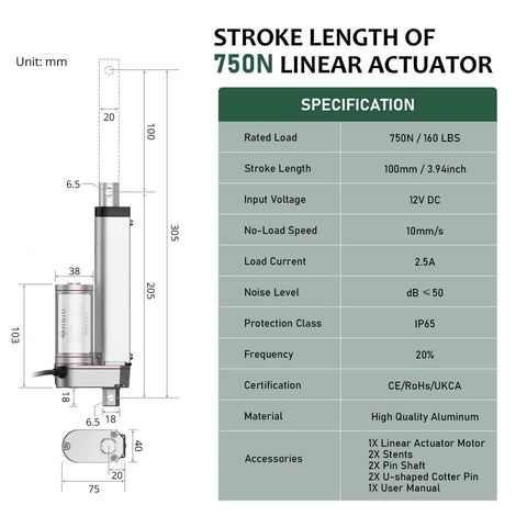Diagram and specifications of 12V Actuator Heavy Duty 165lbs/750N Linear Actuator 100mm for industrial machinery and more.