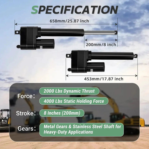 Diagram of Powerful 12V Linear Actuator with 8 Inch Stroke, showing dimensions, thrust force, metal gears, and applications.