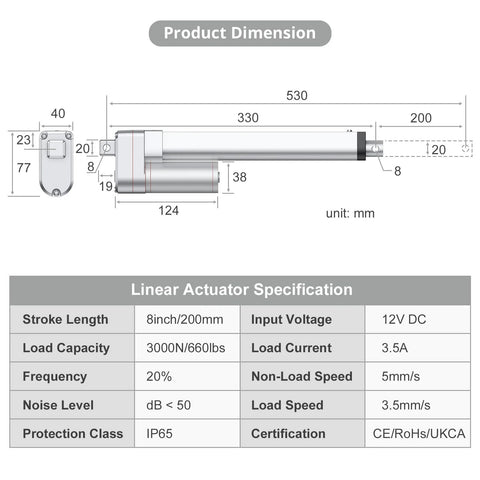 Justech 12V heavy-duty linear actuator with mounting bracket, side view; 8in stroke, metal body, IP65