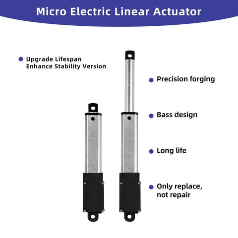 Micro electric linear actuators with precision forging and long life features for cabinets, robotics, and home automation.