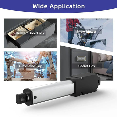 Image of 12V Mini Linear Actuator With 50mm Stroke And 2 Inch Travel, 120N 27 Lbs Load, aluminum body, showing wide application uses.