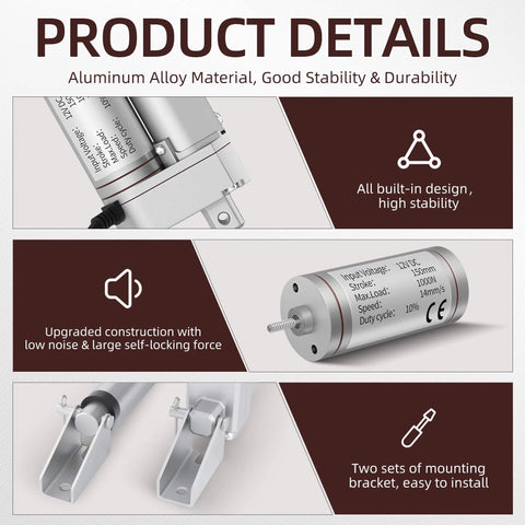 12V Linear Actuator High Speed 14mm/s Linear Motion Actuator 220lb/1000N Electric Actuator 12 Volt IP54 Waterproof Linear Actuator 6 inch with Switch showcasing aluminum alloy build features.