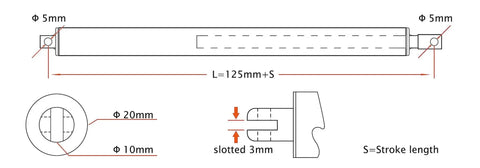 Technical diagram of a 12V Micro Linear Actuator With 2 Inch Stroke, 44 Lb Maximum Lift, 0.8 Inch Round Tube Diameter, Limit Switch