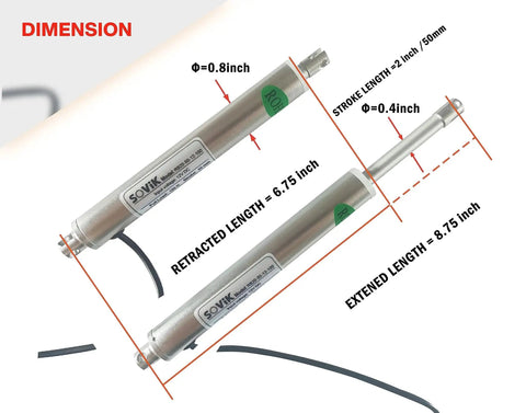 12V Micro Linear Actuator With 2 Inch Stroke, 44 Lb Maximum Lift, 0.8 Inch Round Tube Diameter dimensions diagram