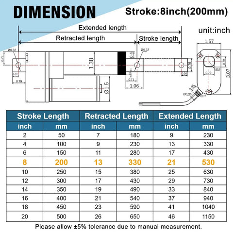 Dimensions chart for Heavy Duty 12V Linear Actuator With 8 Inch Stroke 176 Lbs Load 0.78 Inch Per Second Speed IP65 Rated