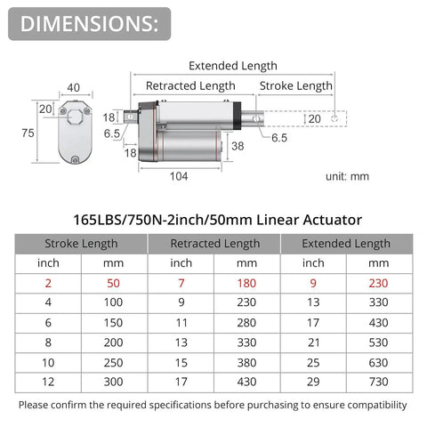 Diagram of 12V Linear Actuator 160LBS Lift, 2 Inch Stroke, 50 mm Travel showing dimensions and specifications.