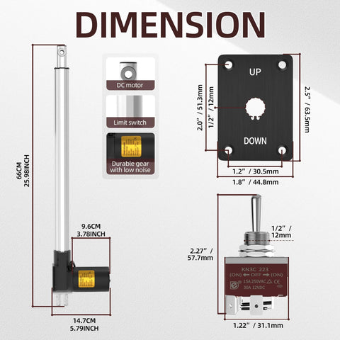 Diagram showing dimensions of 12v Actuator Heavy Duty 12v 18 Inch Stroke Electric Actuator 12v Linear Actuator 6000N 1320lb IP54 Waterproof with Switch