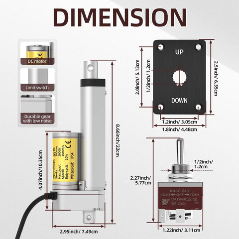 Image showing dimensions of the 12V Linear Actuator, 4" Actuator 14 mm/s High Speed with Waterproof 1000N/220lbs Stroke and reverse polarity switch