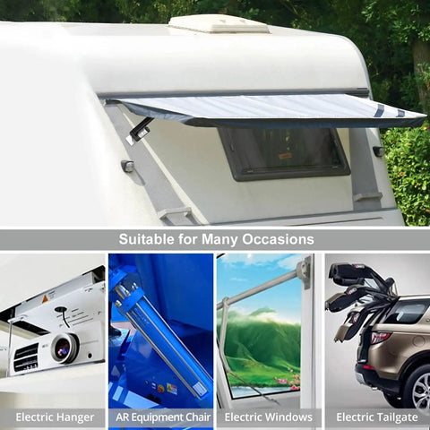 12V Linear Actuator 160LBS 750N showcased on a camper for electric windows, hanger, AR chair, and tailgate applications.