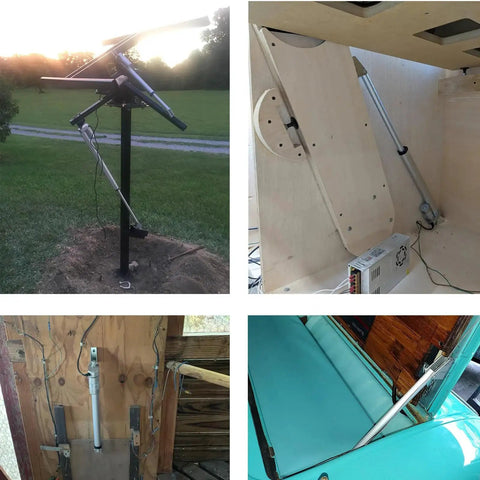 Beefy 12V 8 Inch Stroke Linear Actuator With Mounting Bracket installed in various setups for lifting mechanisms