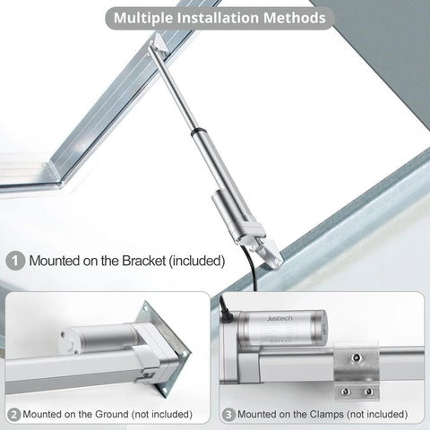 Justech 12V heavy-duty aluminum linear actuator, 8-inch stroke, bracket-mounted (included) with ground or clamp options