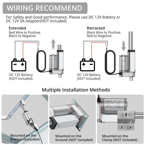 Diagram of 12V Linear Actuator 160LBS Lift wiring and mounting methods.