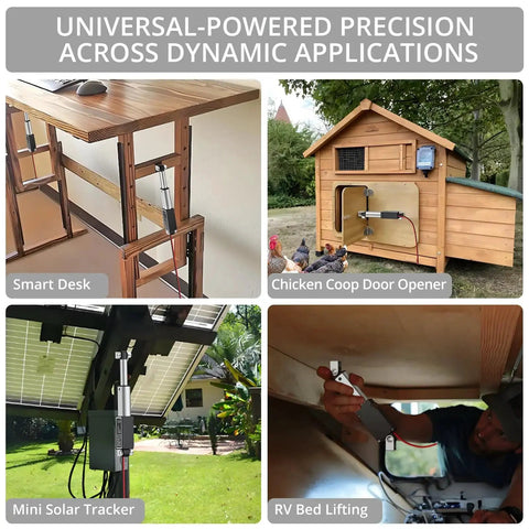Collage showing 12V Mini Linear Actuator in use: smart desk, chicken coop door, solar tracker, RV bed lifting, with IP54 protection.