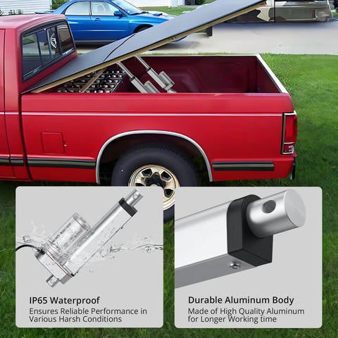 Justech 12V linear actuator, 160LBS/750N, 4in/100mm stroke, IP54 waterproof, aluminum body with mounting brackets.