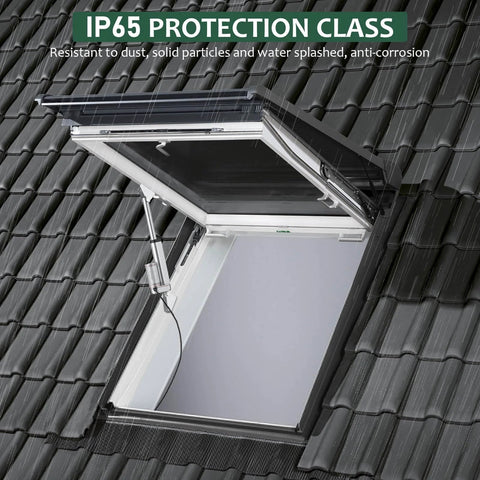 12V Actuator Heavy Duty 165lbs/750N Linear Actuator installed on rooftop window, IP65 protection, outdoor use.