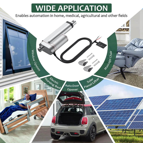 12V Actuator Heavy Duty 165lbs/750N Linear Actuator 100mm 4" with applications for windows, beds, cars, solar panels, chairs.