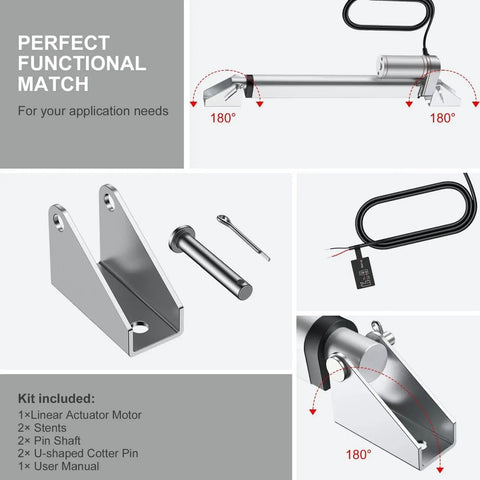 Beefy 12V Heavy Duty Linear Actuator 330LBS 1500N with brackets, kit components detailed, silver Justech