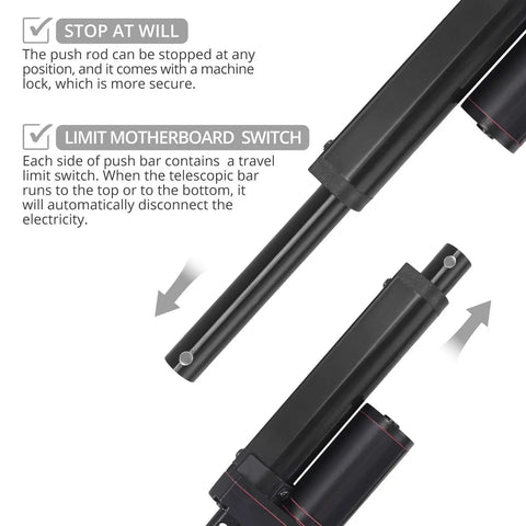 Close-up of Justech 12V Linear Actuator 160LBS 750N with limit switches and machine lock feature.