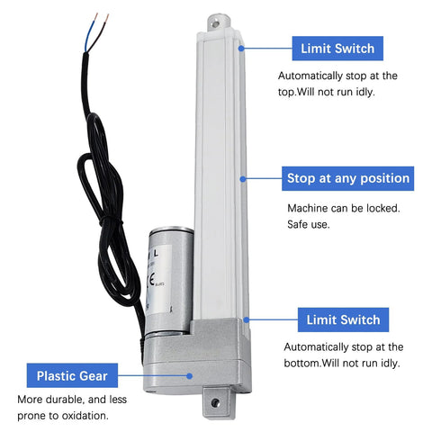 JQDML 16-inch 12V linear actuator with mounting bracket, silver housing, limit switches, exposed wires