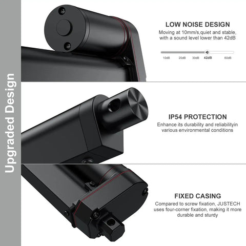 12V Linear Actuator 160LBS 750N with IP65 waterproof rating and mounting brackets, highlighting low noise, IP54 protection, fixed casing