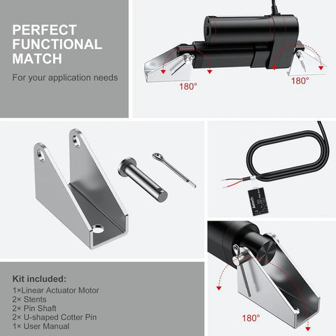 Justech 12V heavy-duty linear actuator kit with 1 actuator, 2 mounting brackets, 2 pins, cotter pins, and control cable