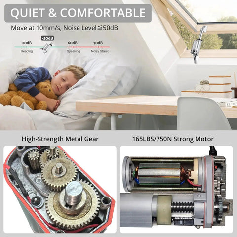 Child sleeping under a window with a 12V Linear Actuator 160LBS Lift installed on the window.