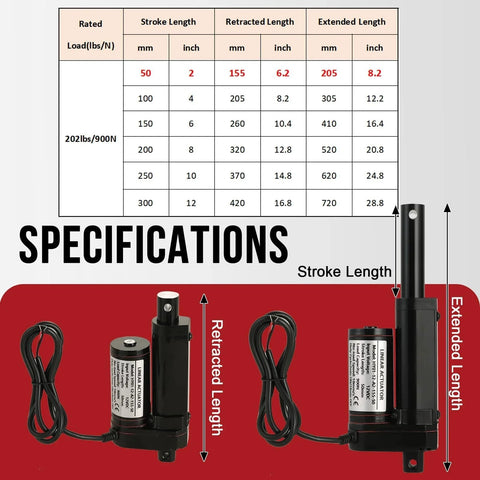 Specifications for Heavy Duty 12V Linear Actuator With 2 Inch Stroke and 202 Lb Load by MYFULLY showing stroke lengths.