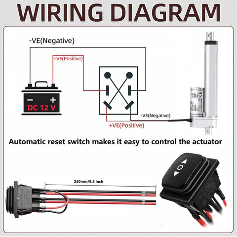 12V linear actuator with 6-inch stroke, IP54 waterproof, includes wiring diagram and remote up/down switch.