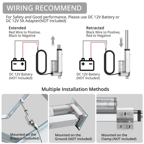 Justech 12V linear actuator with mounting bracket; silver metal body and wiring diagram and battery connection.
