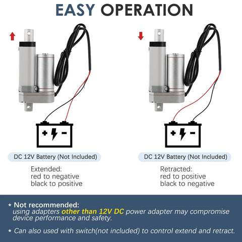 MYFULLY 12V electric linear actuator with mounting bracket; silver metal body shown in extended and retracted positions with wiring harness.