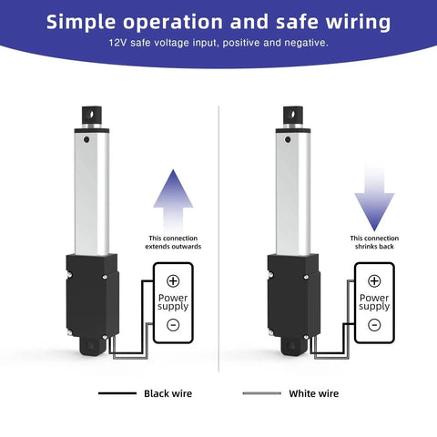 Wiring diagram for 12V Mini Linear Actuator With 50mm Stroke And 2 Inch Travel, 120N 27 Lbs Load, showing safe voltage and connections.