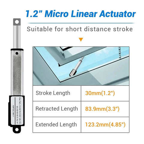 Diagram of 12V Micro Linear Actuator With 1.2 Inch Stroke 64N 14.4Lb Lift 0.6 Inch Per Second Speed for windows.