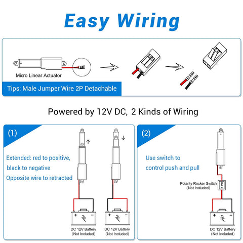 Wiring diagram for 12V Micro Linear Actuator With 2 Inch Stroke And 64N Load, 0.6 Inch Per Second Speed, showing connections.