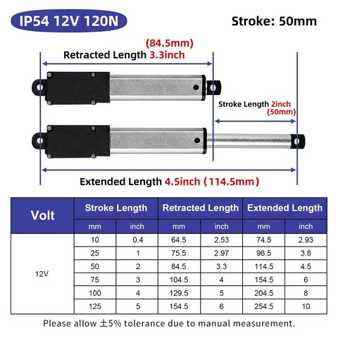 Diagram of 12V Mini Linear Actuator With 50mm Stroke And 2 Inch Travel, shows retracted and extended lengths, includes specifications chart